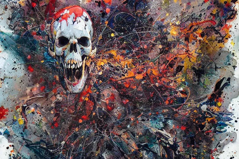 Image similar to a splattered action painting by jackson pollock showing a skull, ultradetailed, fine art painting, peter mohrbacher, moebius, skull carving, frottage, watercolor, acrylic, multilayered paint, spectacular splatter explosion, psychedelic art