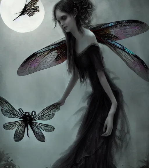 Image similar to gothic fairy with dragonfly wings, digital painting, liminal eerie midnight backlit, a picture taken by Michael Komarck