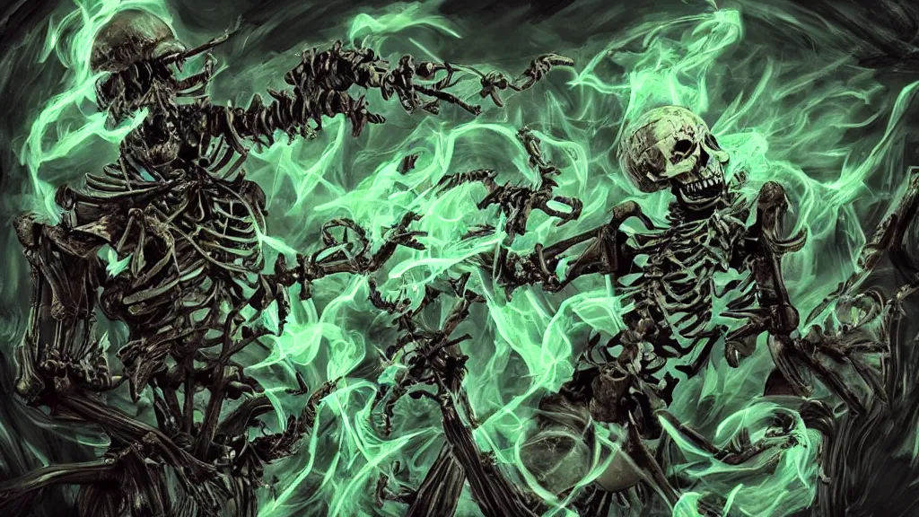 Prompt: an artwork of a skeleton overlord magician casting a spell with green ornaments, dark souls style