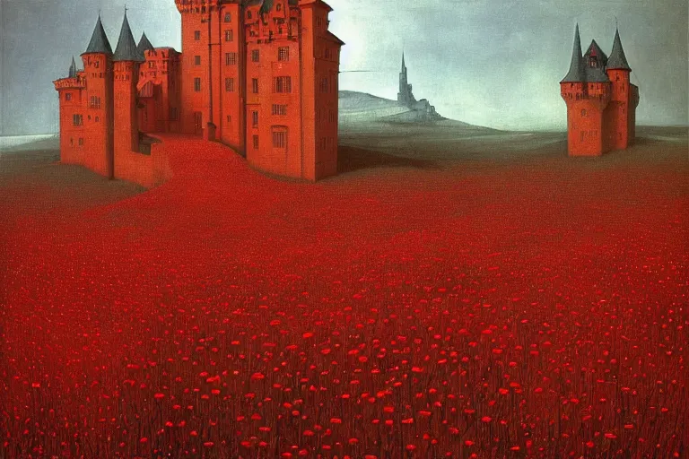 Image similar to only with red, red flowers of different types, a red tiger, a castle in the background, medieval demons dance over the flowers, an ancient path, in the style of beksinski, part by hopper, part by rodcenko, part by hofbauer, intricate composition, red by caravaggio, insanely quality, highly detailed, masterpiece, red light, artstation