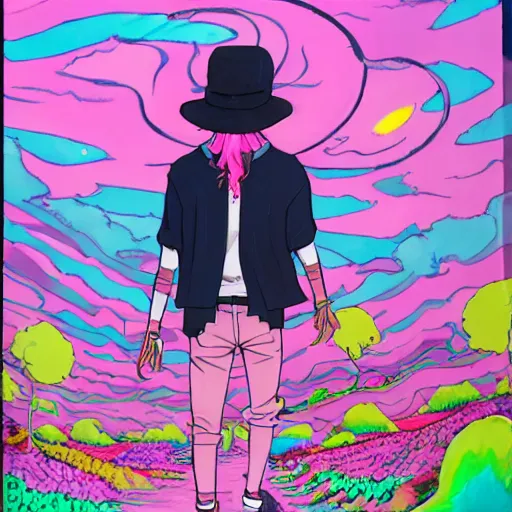 Image similar to a pink skinny anime boy wearing a small satchel and a pink witches hat walking through a psychedelic landscape