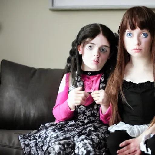 Image similar to 7-year-old goth girl, creepy girl in living room