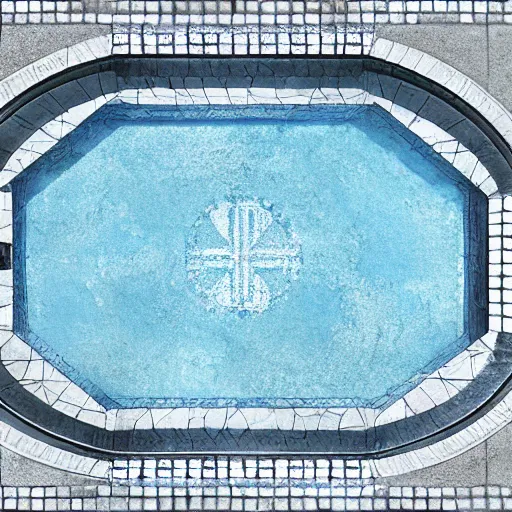 Image similar to a very large empty pool, liminal space, white and blue ceramic tile ceiling, symmetrical centered view, octane render, sharp focus, very coherent