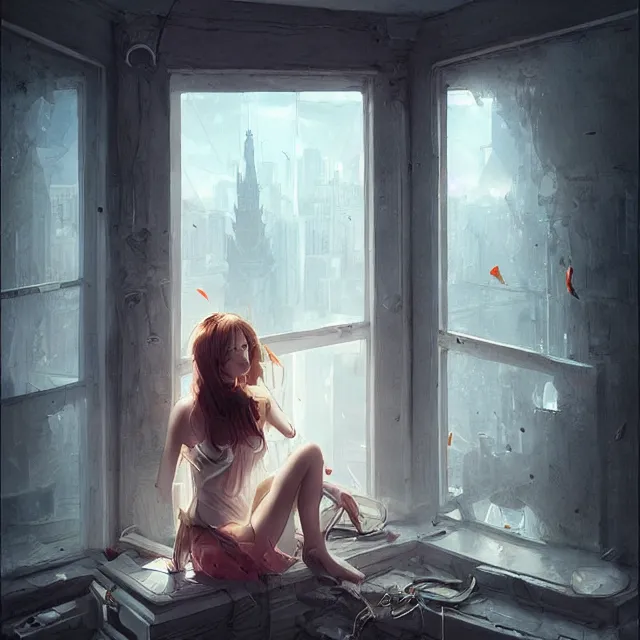 Image similar to window, eye, women, buildings, surprise, scared, couch by wlop, artgerm, greg rutkowski