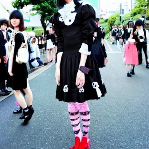 Image similar to martin shkreli in kawaii maid dress at harajuku tokyo street fashion event, photo from vogue magazine