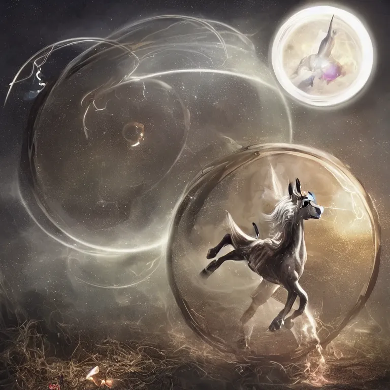 Image similar to Magical glowing sphere in midair, with a unicorn inside it. A white celestial unicorn is trapped inside the sphere. A burnt landscape is in the background. The sphere is held up by sinister rusting steel pincers that reach from the ground, and has a unicorn inside it. Digital art, by Gerald Brom
