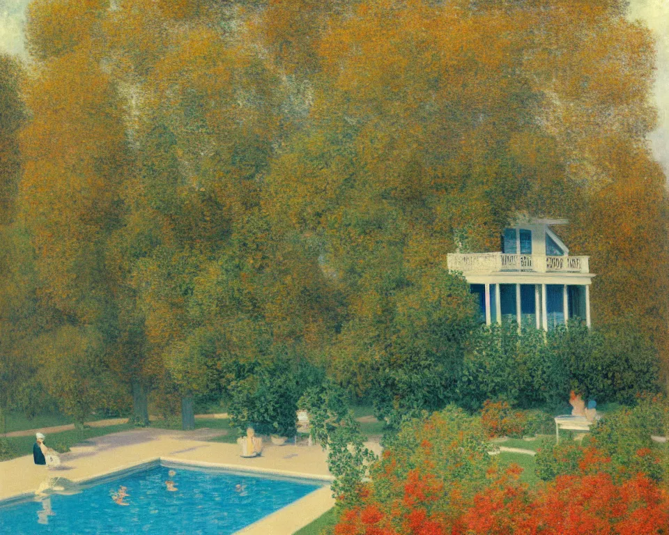 Image similar to achingly beautiful painting of a sophisticated, well - decorated pool house in fall by rene magritte, monet, and turner.