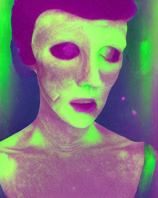 Prompt: cut and paste, featureless surprised robotic woman's face, short metallic hair, dark makeup, violet and yellow and green and blue lighting, polaroid photo, 1 9 8 0 s cgi, atmospheric, whimsical and psychedelic, grainy, expired film, super glitched, corrupted file, ghostly, bioluminescent glow, sci - fi, twisty