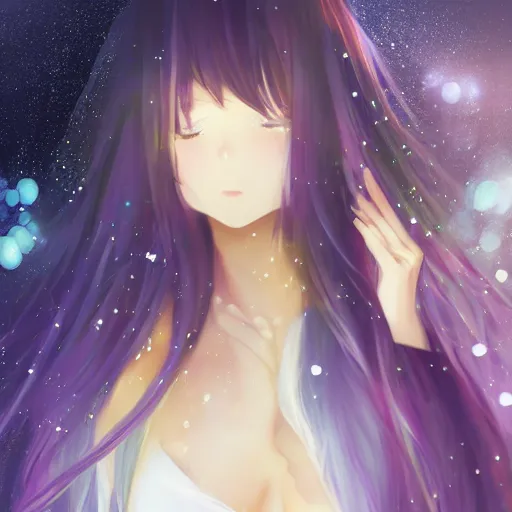 Image similar to advanced digital anime art, Sakimichan , WLOP, RossDraws, a gorgeous woman with long gold and silver hair wearing a violet dress and bare feet walking through a crystal clear river under a starry night, DOF, Gaussian Blur, —H 1024