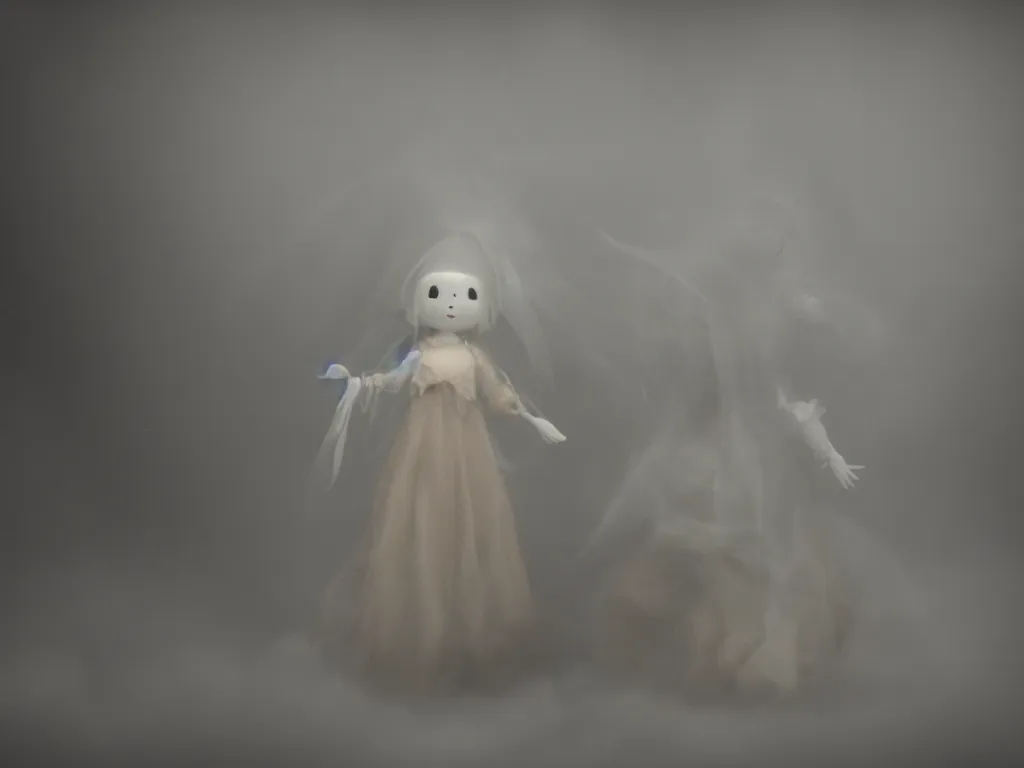 Prompt: cute fumo plush girl ghost in the haze of the murky river, smoke and volumetric fog, tattered gothic horror maiden, fallen angel, light shafts, light and shadow, vray