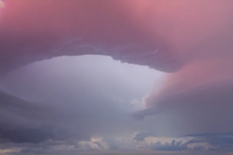 Image similar to a photo of a supercell thunderstorm, serene environment, illuminated from various angles by the setting sun, cinematic