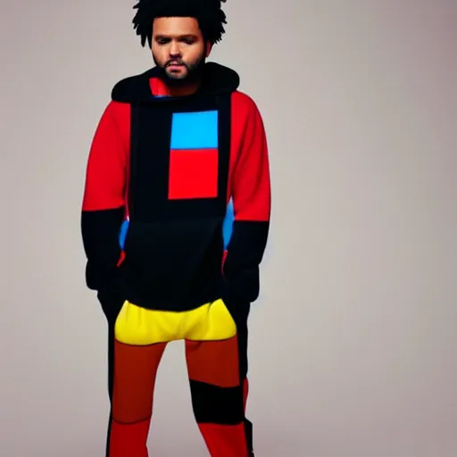 Image similar to the weeknd wearing piet mondrian style clothing