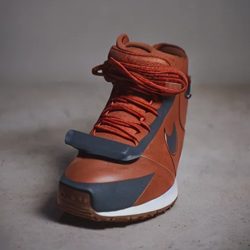 Image similar to a studio photoshoot of Nike ACG sneakers designed by Tom Sachs, leather with knitted mesh material, gum rubber outsole, realistic, color film photography by Tlyer Mitchell, 35 mm, graflex