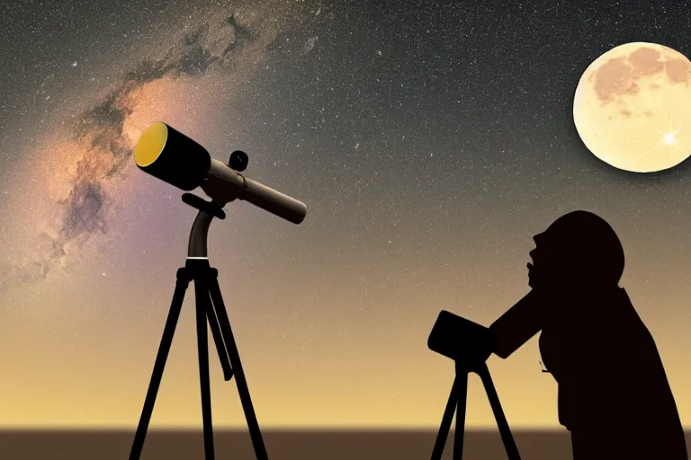 Image similar to alpha as astronomy teacher looking up on a telescope, moon, clear skies, starry skies, realism realistic