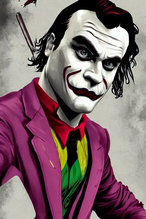 Image similar to joaquin phoenix joker cover comic book by dc comics, without duplicated content!!!!, violet polsangi pop art, gta chinatown wars art style, bioshock infinite art style, incrinate, realistic anatomy, hyperrealistic, 2 color, white frame, content balance proportion