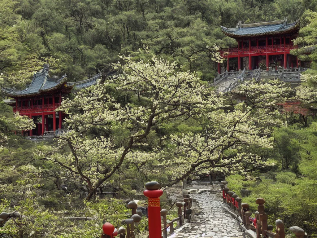 Image similar to a mysterious chinese temple in the deep forest, surrounded by many peach blossoms, a clear stream flowing through, 8 k