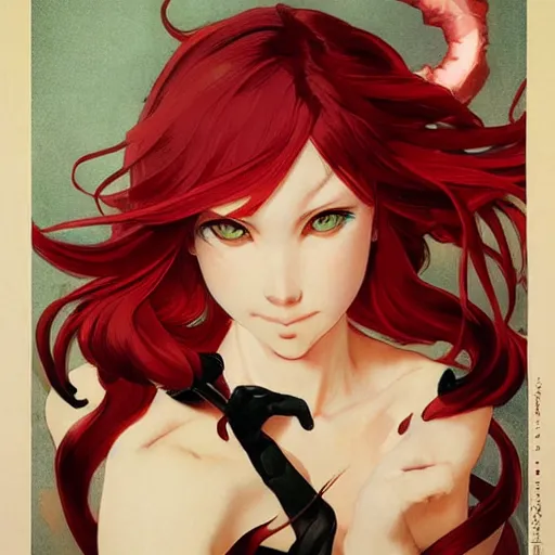 Prompt: a girl with red hair, red eyes, demon horns and a tail with a devious grin. By JC Leyendecker Phuoc Quan. Makoto shinkai