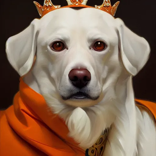 Image similar to oil painting portrait of white and orange anthropomorphized kooiker dog wearing royal clothes, highly detailed, digital painting, artstation, concept art, sharp focus, illustration, art by leyendecker and greg rutkowski and alphonse mucha