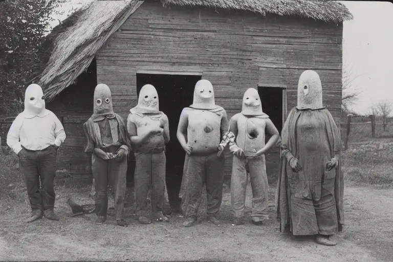 Image similar to vintage photo of villagers wearing weird masks outside a barn by hilla becher, eerie, bizarre, highly detailed shot, dramatic 8 k uhd