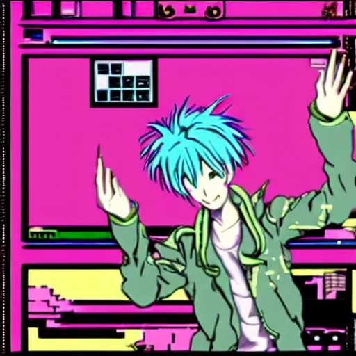 Image similar to Tilda Swinton as a techno DJ in a PC-98 game, visual novel, anime, cyberpunk