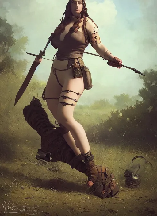 Image similar to hyper realistic photo of baroque chubby beautiful hunter girl, full body, rule of thirds, cinematic, greg rutkowski, brom, james gurney, mignola, craig mullins