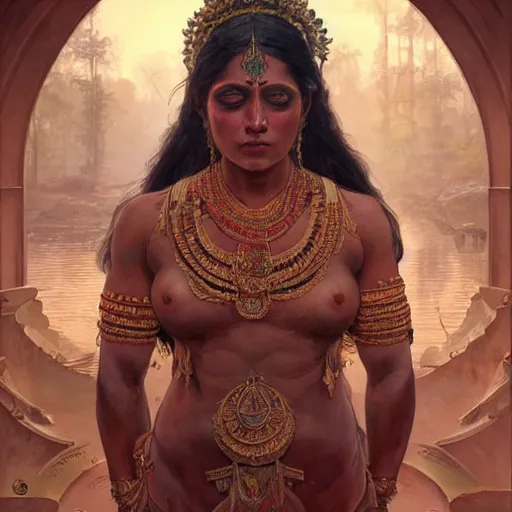 Prompt: wide portrait painting of a oiled muscular bloodied indian goddess, ultra realistic, concept art, intricate details, eerie, highly detailed, photorealistic, octane render, 8 k, unreal engine. art by artgerm and greg rutkowski and alphonse mucha