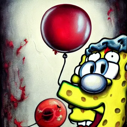 Image similar to grunge painting of spongebob with a wide smile and a red balloon by chris leib, loony toons style, pennywise style, corpse bride style, horror theme, detailed, elegant, intricate