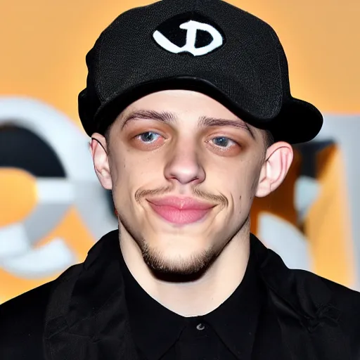 Prompt: pete davidson with a mustache and a black baseball hat, closeup photo