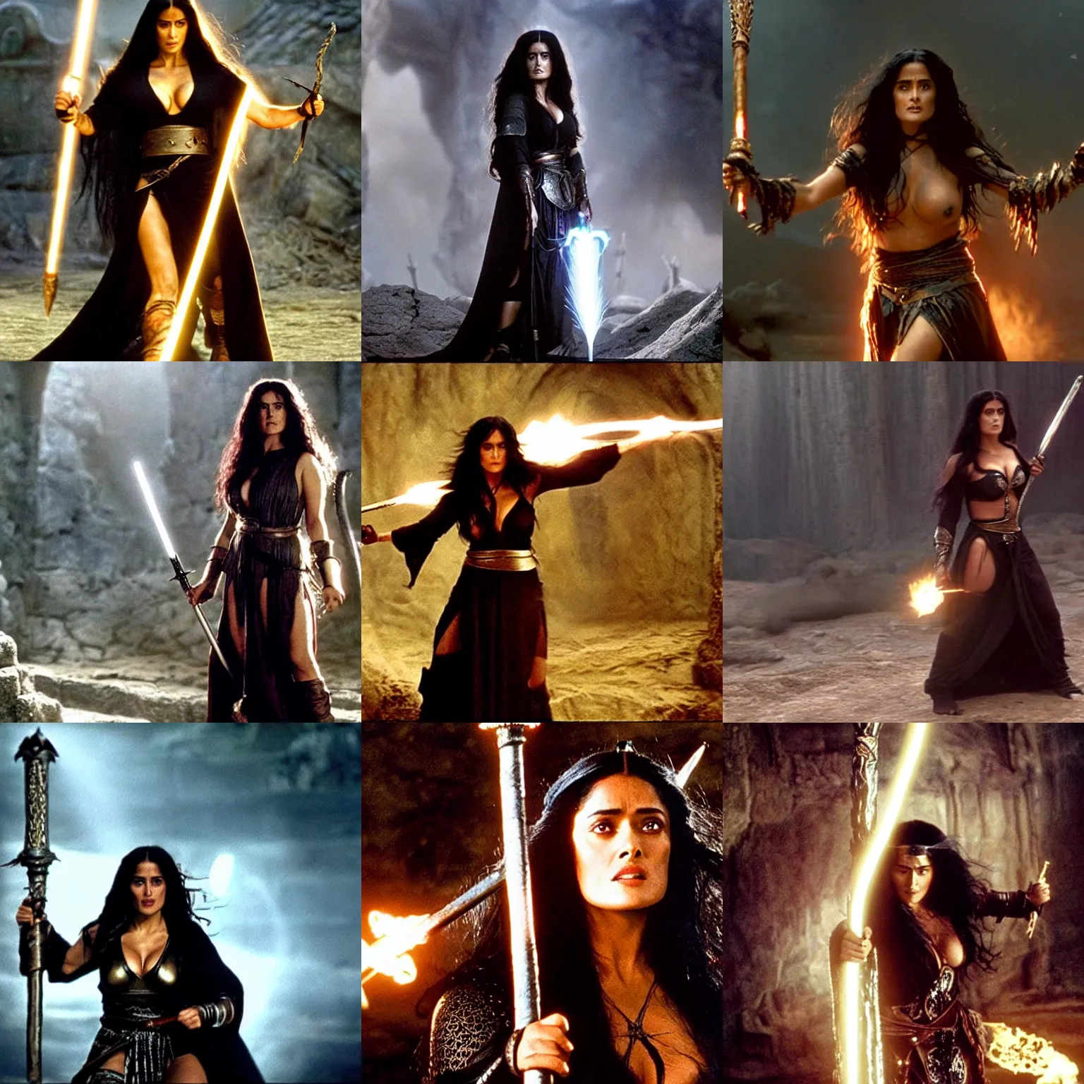 Prompt: epic photo of salma hayek as beautiful medieval sorceress with very long black hair wearing a black satin robe and metal belt, battle scene, holding her wizard staff electricity emanating from it, sweaty, in the film conan the barbarian, movie still, cinematography by duke callaghan