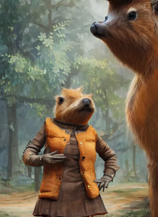 Prompt: detailed full body concept art illustration, oil painting on canvas of an anthropomorphic capybara school teacher in full intricate clothing, biomutant, dystopian, micro detail, octane render, 4K