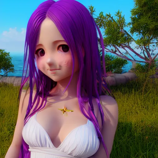 Image similar to Render of a very beautiful 3d anime girl, long purple hair, beautiful eyes, cute freckles, full round face, short smile, cute sundress, golden hour, serene beach setting, medium shot, mid-shot, highly detailed, trending on Artstation, Unreal Engine 4k