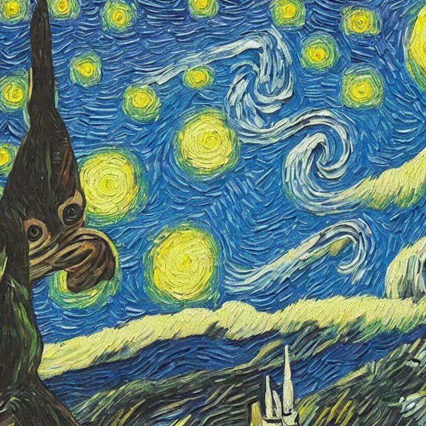 Image similar to An oil painting of a dog in the style of Starry Night; oil painting by Vincent van Gogh