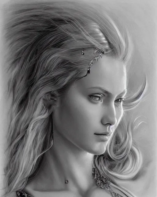 Image similar to pencil drawing of beautiful greek goddess aphrodite with arrowhead jewelry, beautiful piercing eyes, beautiful blonde hair flying in the wind, hyper realistic face, in the style of greg rutkowski, fantasy, amazing detail, epic, elegant, smooth, sharp focus, from the front