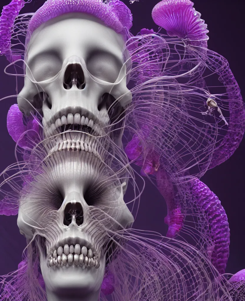 Image similar to goddess close - up portrait human skeleton, ram skull, jellyfish, orchid, betta fish, bioluminiscent, intricate artwork by tooth wu and wlop and beeple. octane render, trending on artstation, greg rutkowski very coherent symmetrical artwork. cinematic, hyper realism, high detail, octane render, 8 k