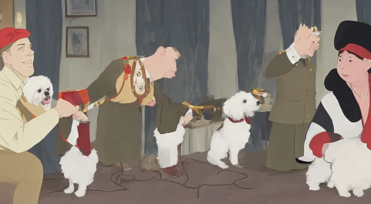 Image similar to queen of england placing the victoria cross around the neck of a cream - colored havanese dog, england, 1 9 0 0, tartakovsky, atey ghailan, goro fujita, studio ghibli, rim light, happy, warm lighting, clear focus, very coherent