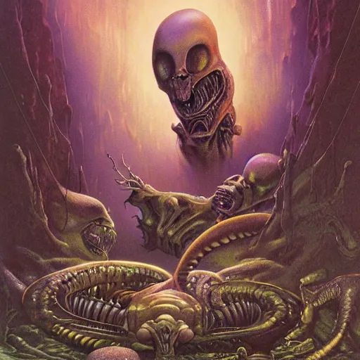 Prompt: alien creatures eating by a river, magical world, Artwork by Richard Corben + Mark Arian + Wayne Barlowe + Boris Vallejo + Julie Bell + Zdzisaw Beksinski + Ed Binkley + Mark Brooks + Jean Delvil