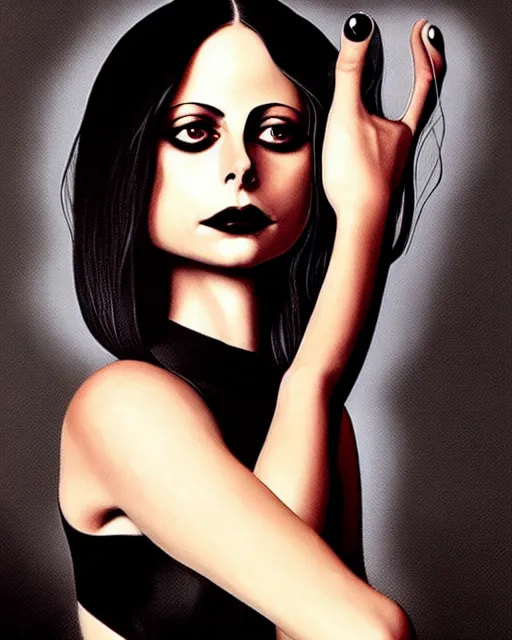 Image similar to style of gerald brom : : gorgeous willa holland : : evil witch, swirling black magic, black dress : : symmetrical face, symmetrical eyes : : full body pose : : gorgeous black hair : : magic lighting, low spacial lighting : :