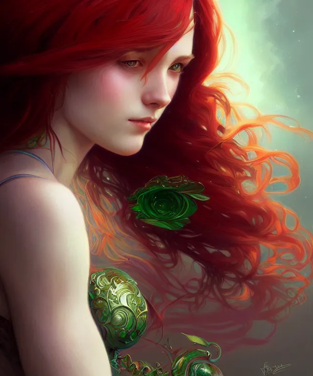 Image similar to Fae teenage girl, portrait, face, long red hair with green highlights, fantasy, intricate, elegant, highly detailed, digital painting, artstation, concept art, smooth, sharp focus, illustration, art by artgerm and greg rutkowski and alphonse mucha