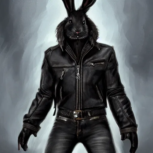 Prompt: A bunny with a small head wearing a fine intricate leather jacket and leather jeans and leather gloves, trending on FurAffinity, energetic, dynamic, digital art, highly detailed, FurAffinity, high quality, digital fantasy art, FurAffinity, favorite, character art, deviantart contest winner, furry art, furaffinity, smokey background, gothic