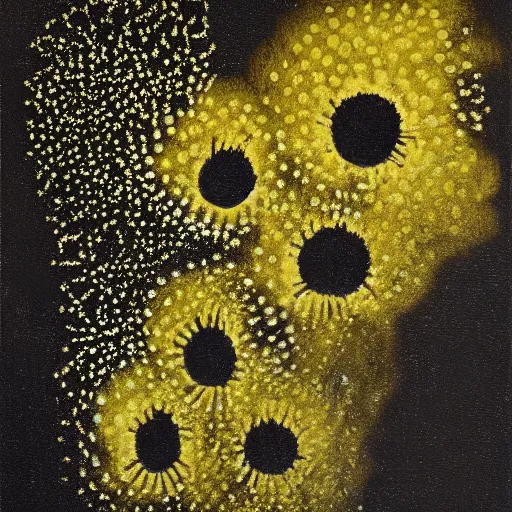 Image similar to a painting of a bunch of flowers on a black background, an ultrafine detailed painting by otto piene and ross bleckner, behance contest winner, nuclear art, biomorphic, dye - transfer, calotype