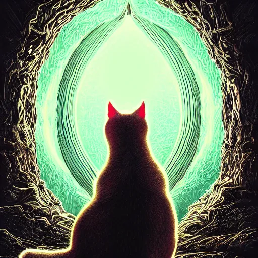 Image similar to photorealistic image of if god were a cat in the style of michael whelan and gustave dore. hyperdetailed photorealism, 1 0 8 megapixels, amazing depth, glowing rich colors, powerful imagery, psychedelic overtones, 3 d finalrender, 3 d shading, cinematic lighting, artstation concept art