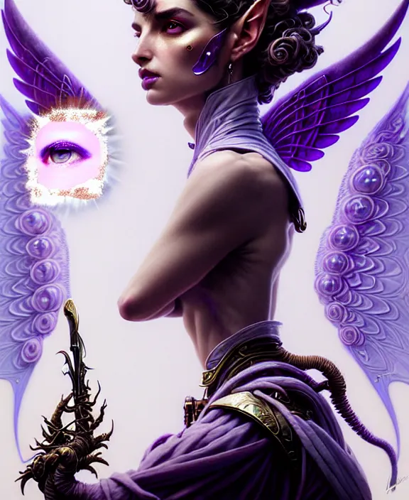 Image similar to beautiful fantasy character portrait, ana de armas, ultra realistic, wide angle, intricate details, the fifth element artifacts, tesseracts, highlights of purple, highly detailed by peter mohrbacher, hajime sorayama, wayne barlowe, boris vallejo, paolo eleuteri serpieri, dishonored 2, white gown, angel wings