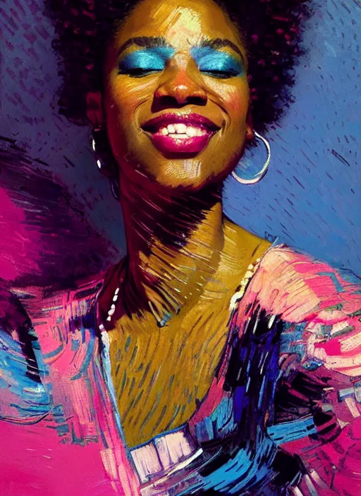 Prompt: portrait of a beautiful black woman, smiling, ecstatic, dancing, eyes closed, open mouth, shades of pink and blue, beautiful face, rule of thirds, intricate outfit, spotlight, by greg rutkowski, by jeremy mann, by francoise nielly, by van gogh, digital painting