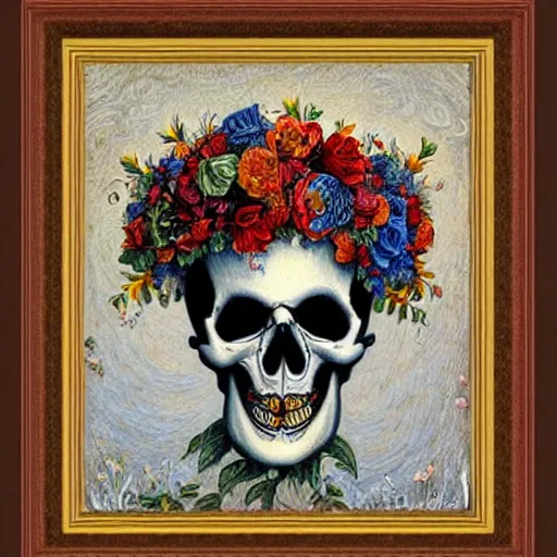 Prompt: medium-shot framed painting old skull in a flower crown by Jacek Yerka