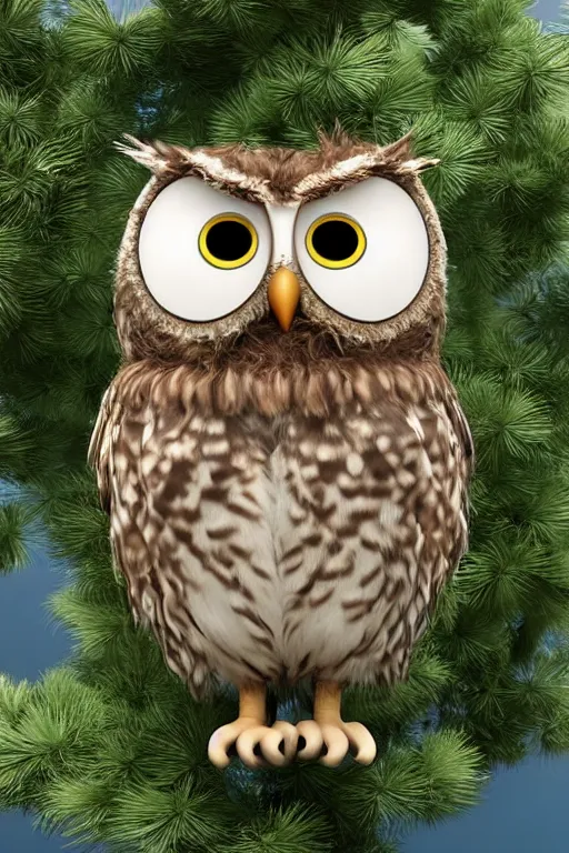 Prompt: funny disheveled owl sits on a pine tree. pixar disney 4 k 3 d render funny animation movie oscar winning trending on artststion and behance. oscar award winning.