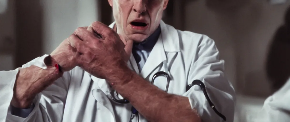 Image similar to filmic dutch angle movie still 4k UHD 35mm film color photograph of a screaming horrified doctor looking down at his wrist, his hand has been completely mangled