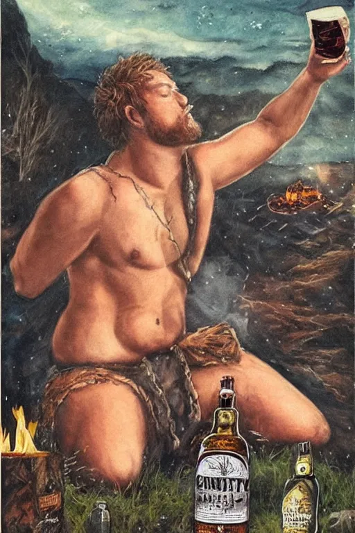 Prompt: a dramatic, epic, ethereal painting of a !!handsome!! thicc chunky beefy mischievous shirtless !!cowboy!! with a large beer belly wearing a large belt and bandana offering a whiskey bottle | he is relaxing by a campfire | background is a late night with food and jugs of whisky | homoerotic | stars, tarot card, art deco, art nouveau, intricate | by Mark Maggiori (((and Alphonse Mucha))) | trending on artstation