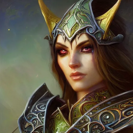 Image similar to night elf warden world of warcraft fantasy character design close up, wide angle, ultra realistic, intricate details,, highly detailed, abstract art piece by gaston bussiere, craig mullins, j. c. leyendecker krysdecker