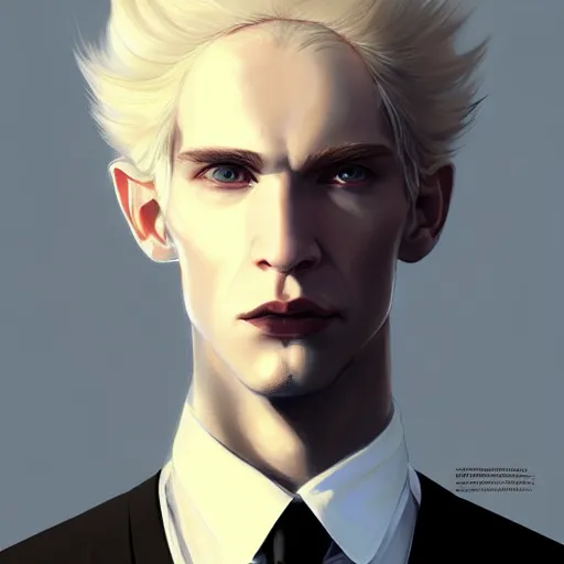 Image similar to Portrait of an androgynous man by Greg Rutkowski, he is about 30 years old, mixture between russian and irish, long fluffy blond curly hair, attractive, extremely pale white skin, smart looking, he is wearing a black futuristic lawyer outfit, highly detailed portrait, scifi, digital painting, artstation, concept art, very very very pale skin, very very long curly blond hair, smooth, sharp foccus ilustration, Artstation HQ