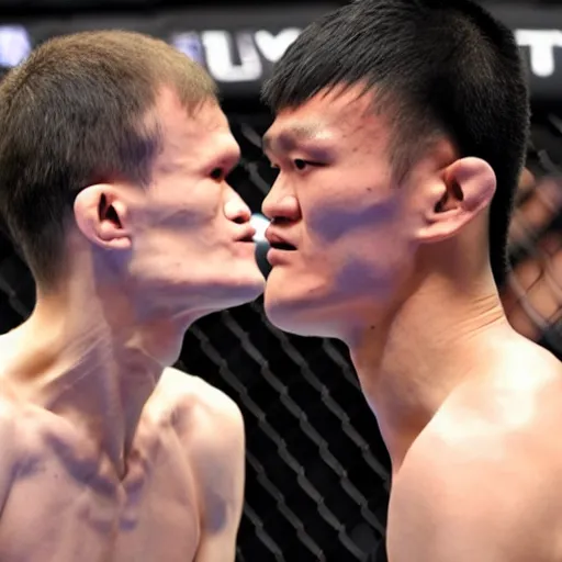 Prompt: vitalik buterin and changpeng zhao fighting in a ufc cage